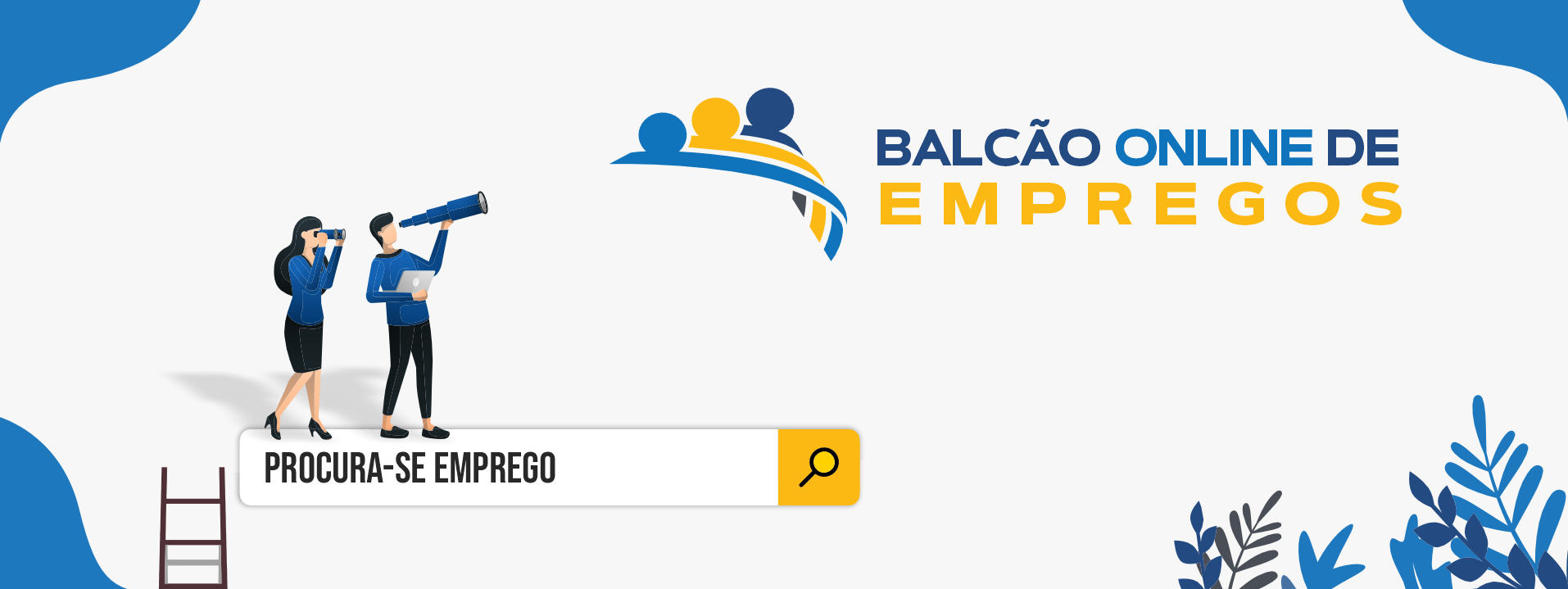 Imagem de um homem com uma luneta procurando emprego, enquanto ao lado uma mulher com binóculos o auxilia.